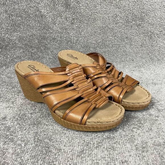 Clarks Bendables Women's Wedge Sandals Tan Brown Strappy Espadrille Size 9.5M - Picture 1 of 7